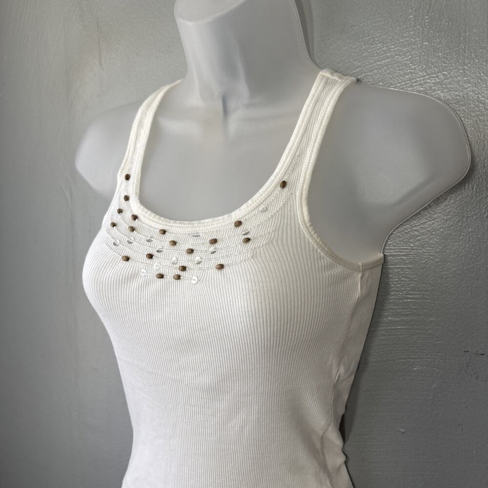 Embellished Y2K Tank Top Size XS White Ribbed Beaded Coquette Boho Glam Sequin